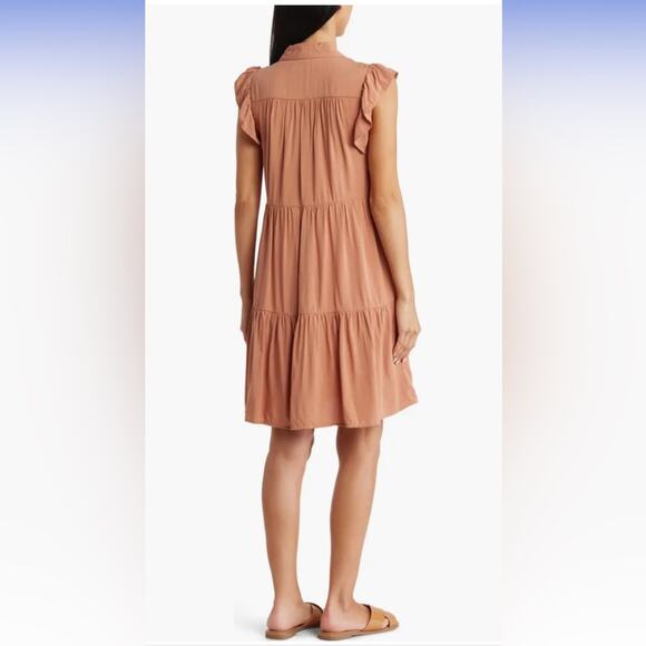 Lucky Brand FLUTTER SLEEVE TIERED SHIRTDRESS IN MOCHA MOUSSE - Picture 2 of 9